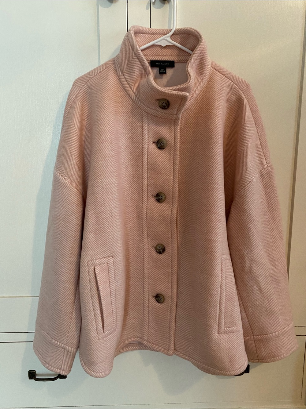 NWT Ann Taylor Herringbone Funnel Neck Shacket Coat Soft Pink Wool Blend Sz XXL